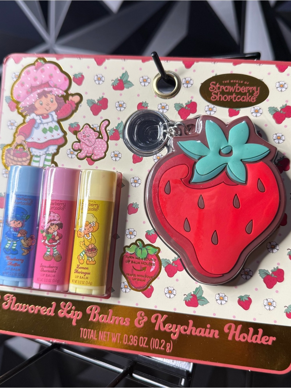 Strawberry Shortcake 3-Pack Flavored Lip Balm and Keychain New